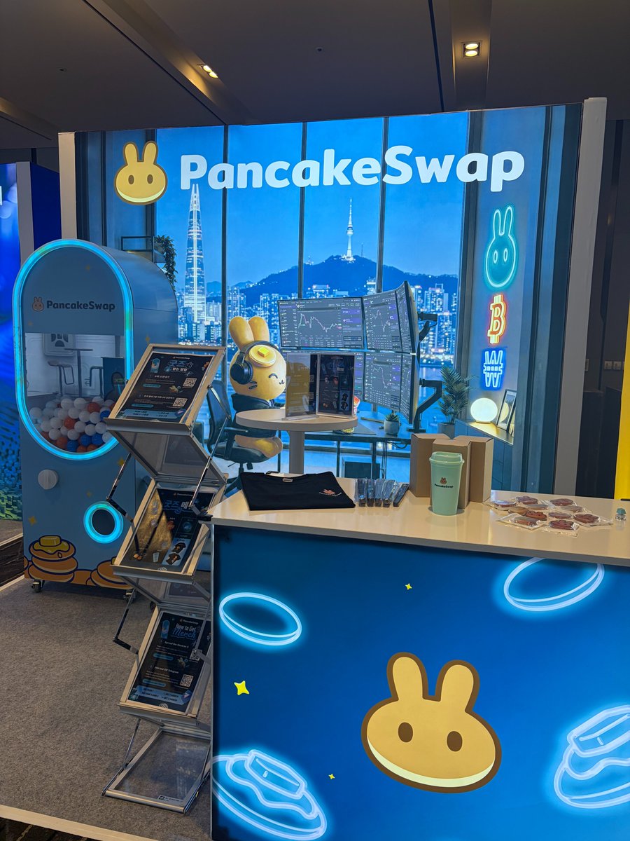 PancakeSwap's tweet photo. GM SEOUL ☀️

The PancakeSwap booth is OPEN at @kbwofficial. Come through, spin the gacha, and grab some fresh and exclusive merch. 

Twist. Pop. Win. 

Day 1. Come spin 🔥 https://t.co/vxGss1G76R