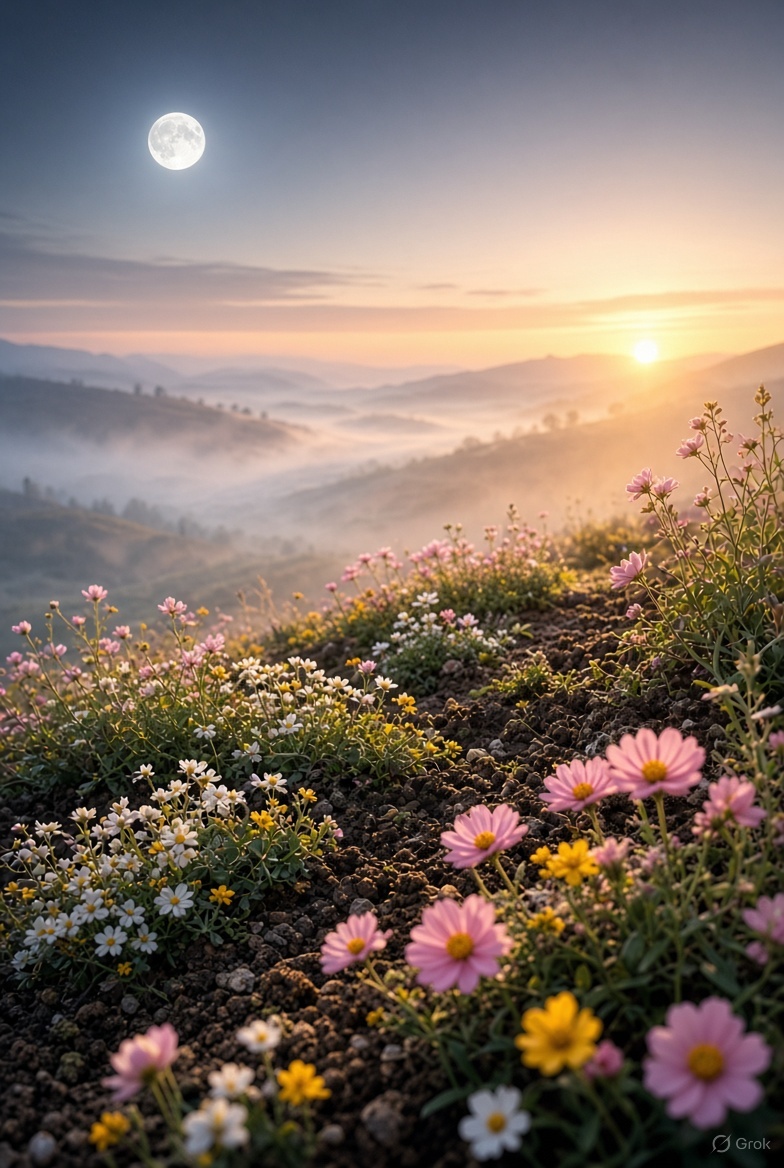 MAVO_Original's tweet photo. Good morning 🌞 Soft romantic dawn scene — silver moonlight gently fading into warm golden sunrise over a colorful earthy landscape, delicate flowers blooming in soft pinks and yellows, gentle morning mist, peaceful and poetic atmosphere, dreamy cinematic nature vibe. #MAVO https://t.co/eKwPX8Odse