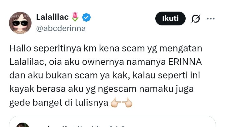 lluvjd_'s tweet photo. Haii semuanya. Dri owner lalilac/ERINA sdh klarifikasi ya. Sorry sebelumnya kalo jdinya malah merugikan usaha kakaknya karena temen ku dn aku, kami tidak tau bahwa TATA dn ERINNA itu orang berbeda. 🙏🏻 terimakasih untuk respon baiknya ya kak🤍 https://t.co/6vxkeK7ULL