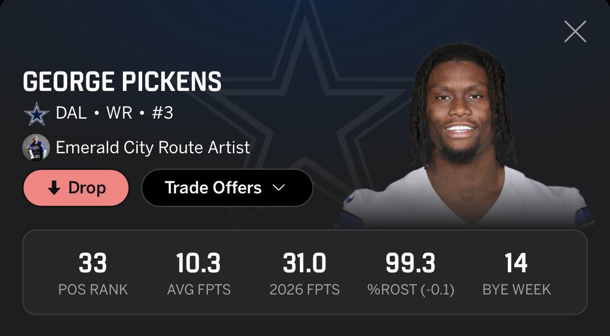 drayknowball's tweet photo. This may be your last chance to BUY LOW

George Pickens averages over 8 targets a game in the most concentrated offense

A slow start with a few drops and not on the same page with Dak yet

LEAGUE WINNING upside at the current value. https://t.co/xgZXxd5eOl