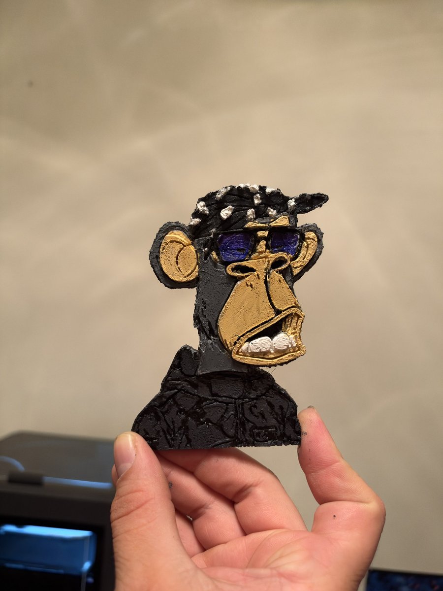 Peterquagmir's tweet photo. At what point does it become more than just a love for the apes? This right here is my very first ape I purchased from @BasedApeGang two years ago! I may have a good selection of apes, but nothing compares to your first! 3d printing then painting him was very calming &amp; fun! https://t.co/xI2HluKdij