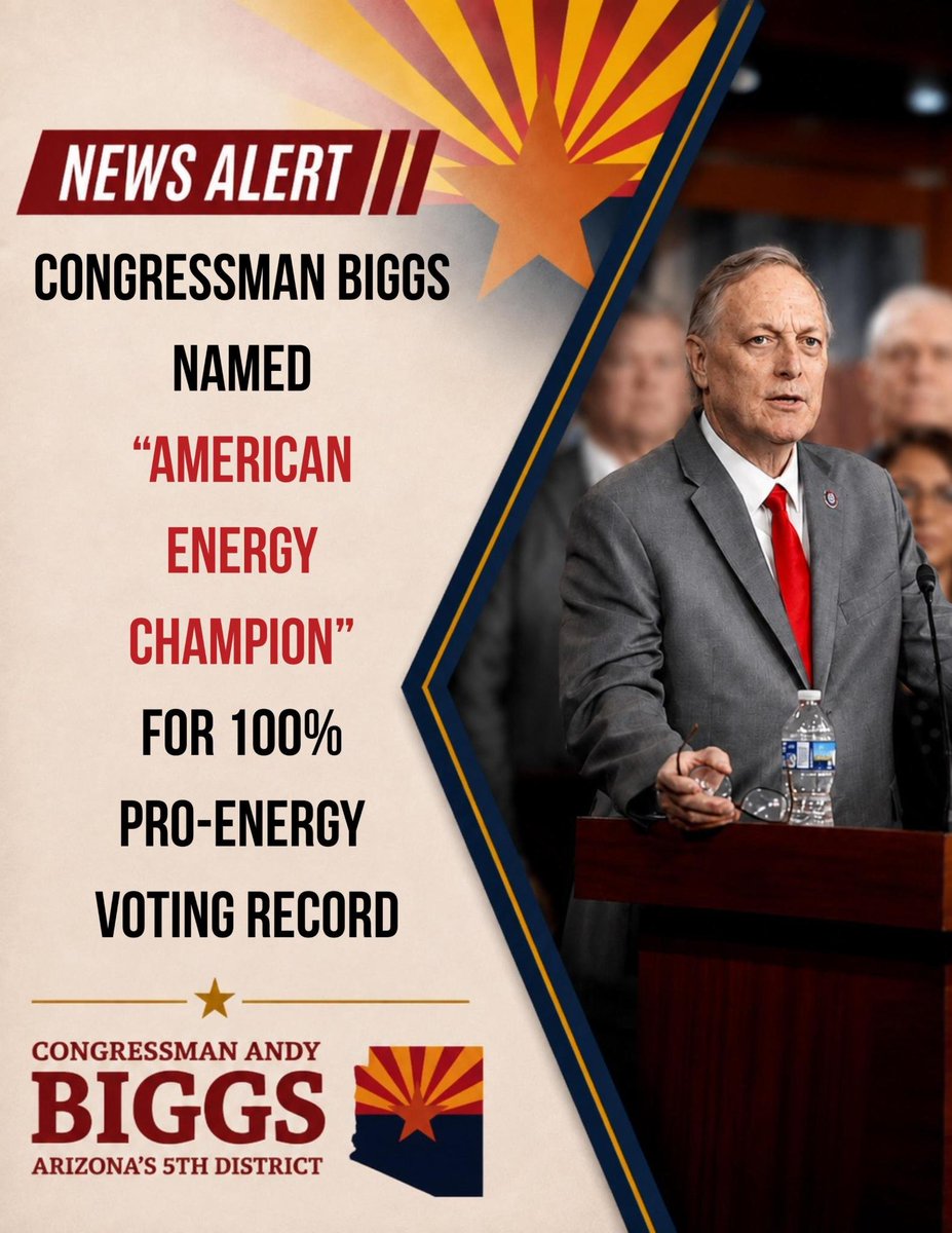 RepAndyBiggsAZ's tweet photo. I've been named an American Energy Champion by the American Energy Alliance, earning a perfect 100% score on the organization’s American Energy Scorecard for the 119th Congress.

I will continue fighting to unleash our nation’s vast energy resources, eliminate unnecessary federal regulations, strengthen our electric grid, and ensure that the United States never has to depend on hostile foreign nations to power our economy.