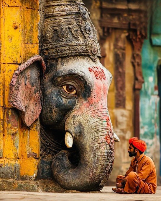 A man in a red turban and orange robe sits cross-legged in front of a large, weathered stone sculpture of the Hindu deity Ganesha.