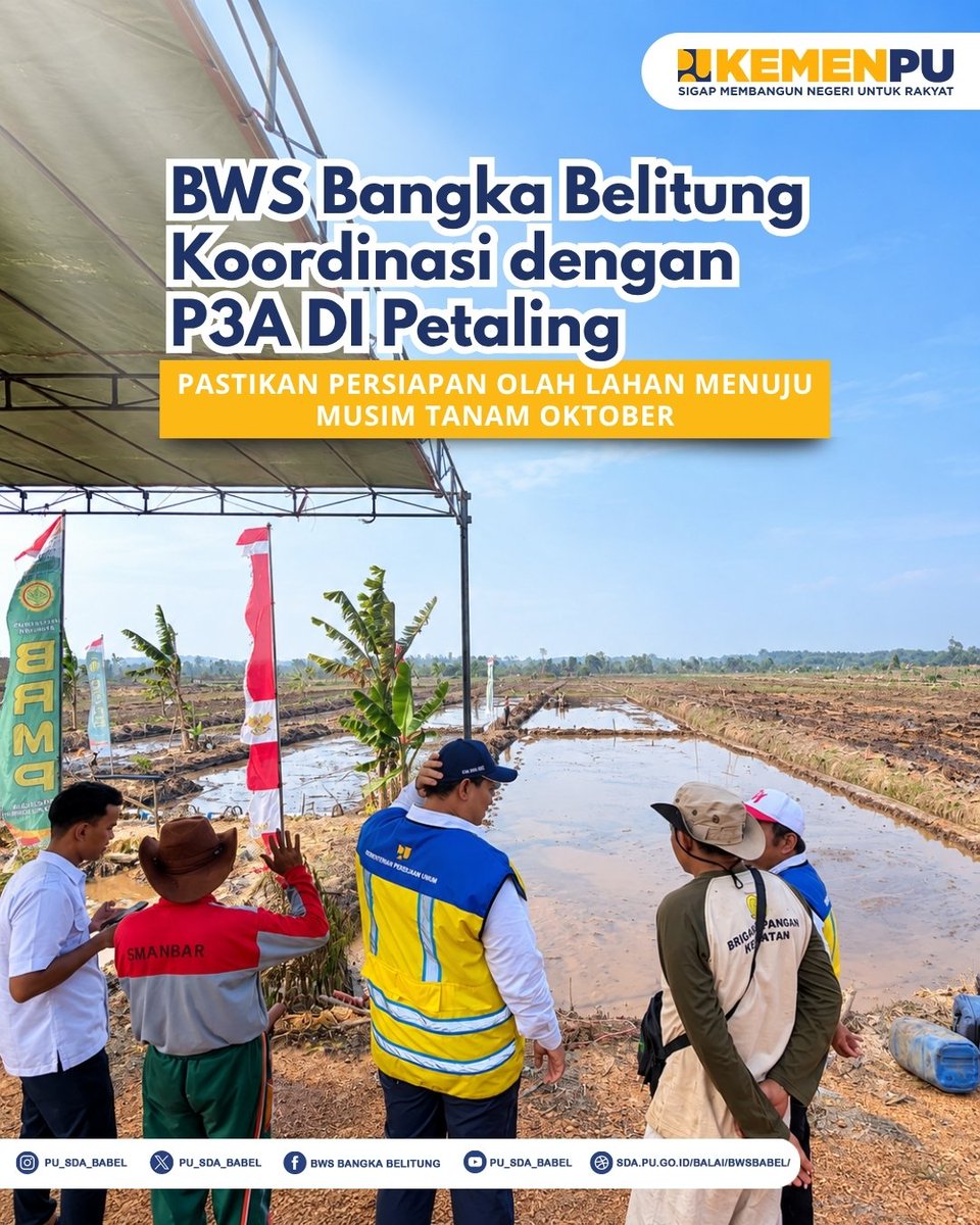 pu_sda_babel's tweet photo. BWS Bangka Belitung terus memperkuat koordinasi bersama P3A Daerah Irigasi (DI) Petaling untuk memastikan persiapan olah lahan berjalan dengan baik. Berdasarkan identifikasi 29 September 2026.

#MengelolaAirUntukNegeri #KementerianPU #SigapMembangunNegeriUntukRakyat https://t.co/xWV1UOUSxO
