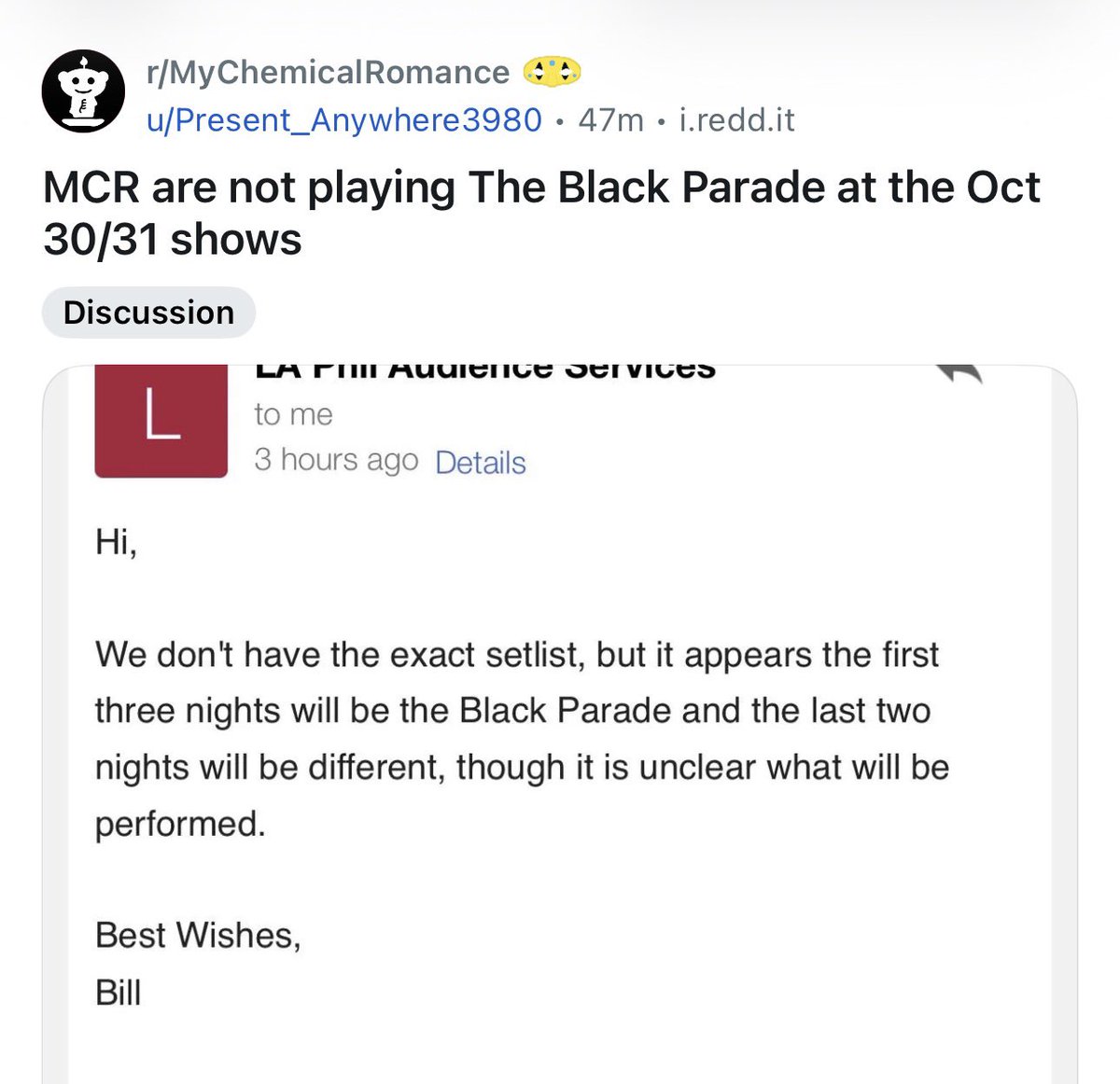 gorebugs's tweet photo. kinda confirmed finally that mcr is Not going to be playing the black parade in full on the 30th/31st. although it was what most people already thought https://t.co/ErW5Mn4G6U