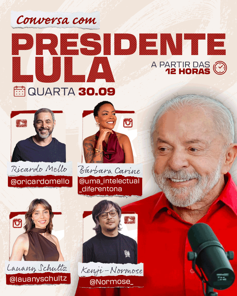 LulaOficial's tweet photo. É nesta quarta (30), a partir das 12h. Um bate-papo com Ricardo Mello, Bárbara Carine, @lauanyschultz e @Normose_. 

Nos vemos lá. 

Compartilhe! https://t.co/ZakpF8cOc6