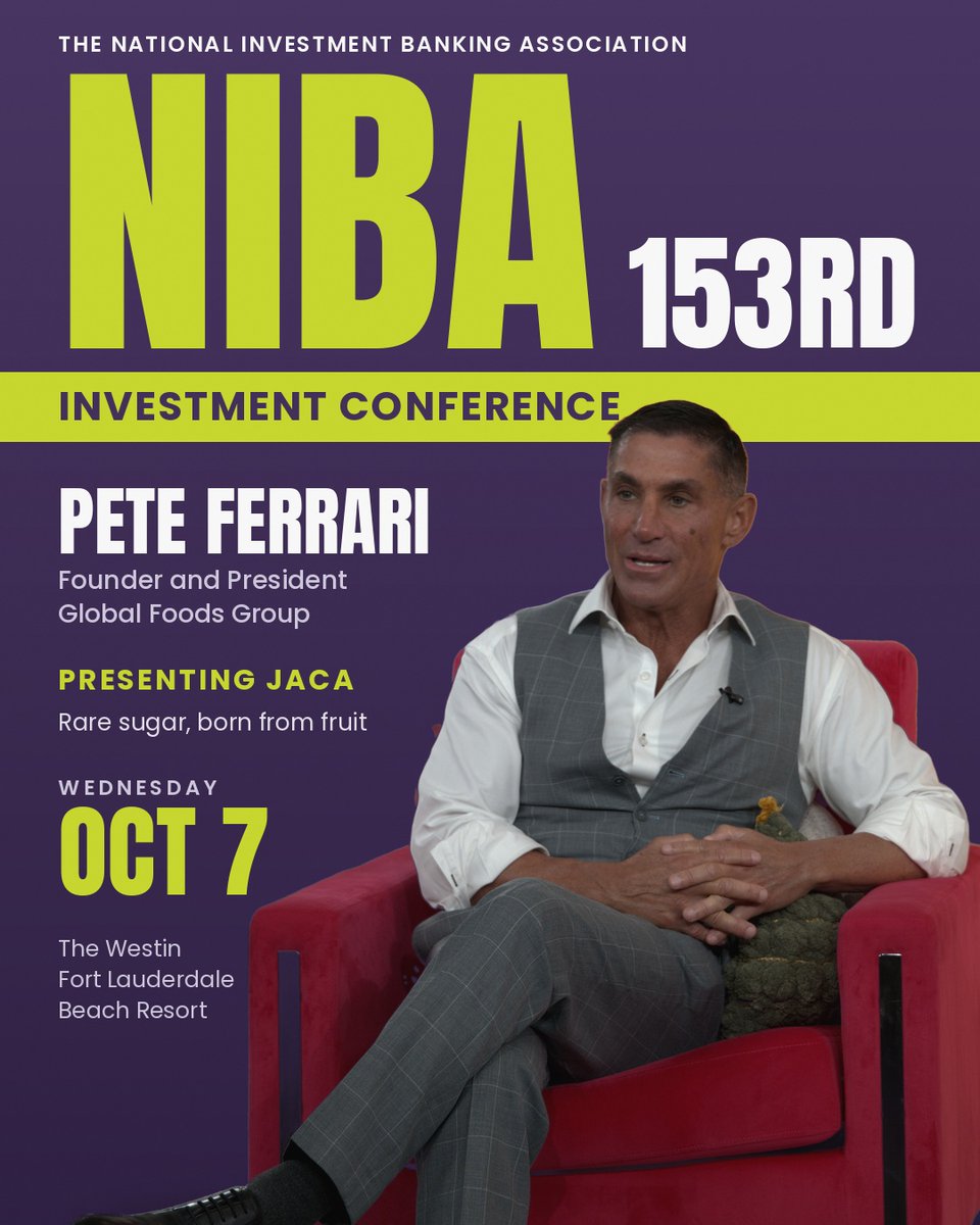 peteferrari28's tweet photo. Wednesday, October 7. The NIBA 153rd Investment Conference at The Westin Fort Lauderdale Beach Resort. I will be on the mainstage presenting Jaca to a room of investors and capital markets professionals from across the country.

Most people have never heard of allulose, and that is the opportunity. Jaca is rare sugar, born from fruit. It tastes like sugar because it is sugar, and it does not raise blood glucose. Diabetic and keto friendly.

If you are in the room on the 7th, come find me.

#NIBA #InvestmentConference #Jaca #Allulose #fortlauderdale #newtechnology #innovations