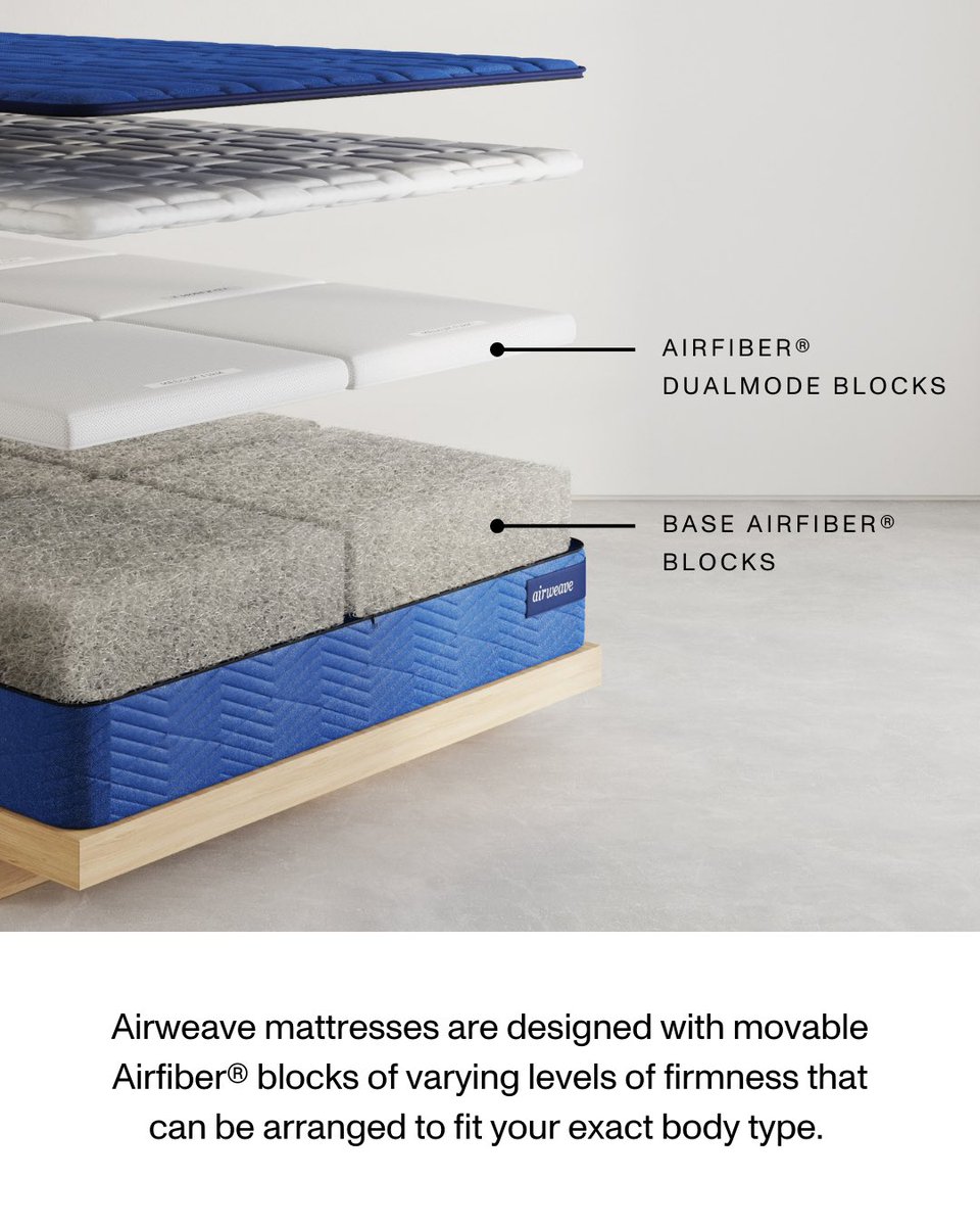 airweaveUSA's tweet photo. How Airweave Customization Works ☁️

Airweave’s modular Airfiber® technology lets you adjust firmness for personalized support, spinal alignment, and pressure relief.

Queen sizes and larger offer dual-sided customization, so you and your partner can each enjoy your ideal level of comfort without compromise.

Learn more https://t.co/RlqxNVCYpQ