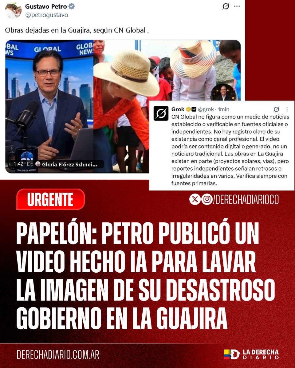DerechaDiarioCO's tweet photo. 🚨🇨🇴 | PAPELÓN: El drogadicto expresidente Gustavo Petro recurrió a la inteligencia artificial y publicó el video de un noticiero inexistente para intentar lavar su imagen internacionalmente y maquillar su desastrosa gestión en La Guajira, la misma región a la que su Gobierno no fue capaz de llevarle agua y que terminó salpicada por el escándalo de la UNGRD, donde se robaron más de $20.000 millones.