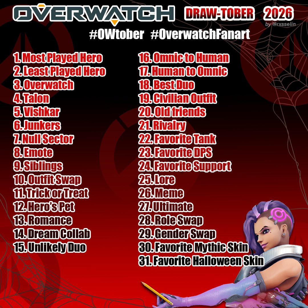 rxsselin's tweet photo. Hi OW Artists!! 
I made an Overwatch-themed Drawtober 2026 list with 31 prompts for October! Draw one, draw all 31, or jump in whenever you feel like it. 🧡

Tag your art with #OWtober + #OverwatchFanart so we can all see it!

Let's fill October with Overwatch art! https://t.co/2p5Oz8FwC1