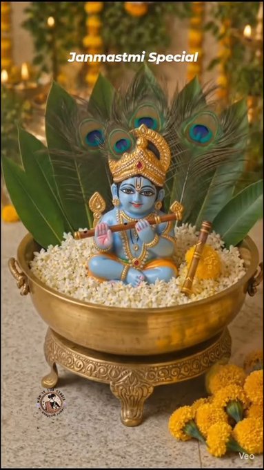 A decorative Janmashtami display featuring a blue baby Krishna statue playing a flute, sitting in a brass bowl filled with grains, surrounded by peacock feathers and banana leaves. Text reads 'Janmashtami Special' and 'Veo'.