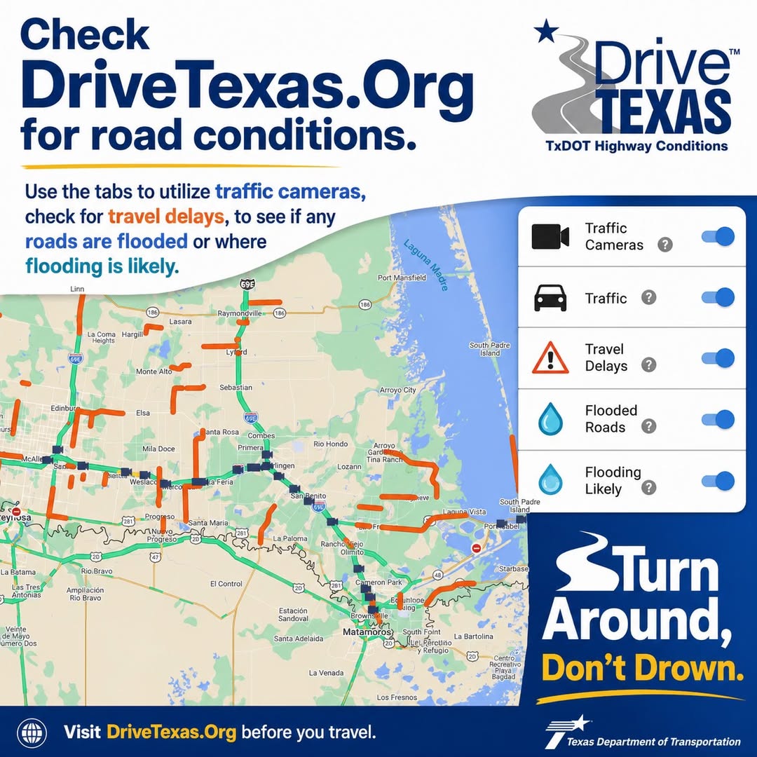 TxDOTPharr's tweet photo. https://t.co/wrQwMmpztq is now also a mobile app! Download the DriveTexas app on your mobile device to utilize traffic cameras, check for travel delays, to see if any roads are flooded or where flooding is likely. #TxDOT #KnowBeforeYouGo #TurnAroundDontDrown https://t.co/8Ea47Ul835