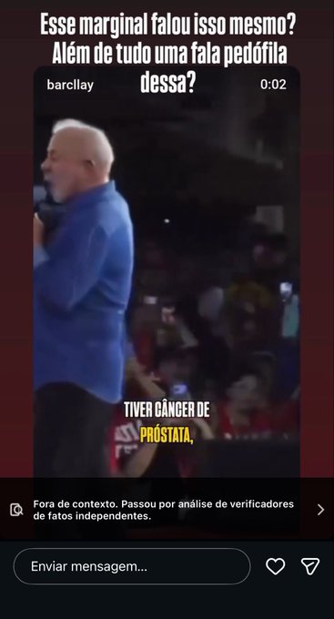 The post shares a screenshot from an Instagram story containing a video of a man labeled "barclay" at a 0:02 timestamp, with overlaid text in Portuguese claiming "TIVER CÂNCER DE PRÓSTATA" (I had prostate cancer) and a caption calling him a "marginal" and "pedófilo" (pedophile). A disclaimer at the bottom indicates the content has been independently fact-checked, directly responding to the suggestion that a fact-check be performed on the story.
