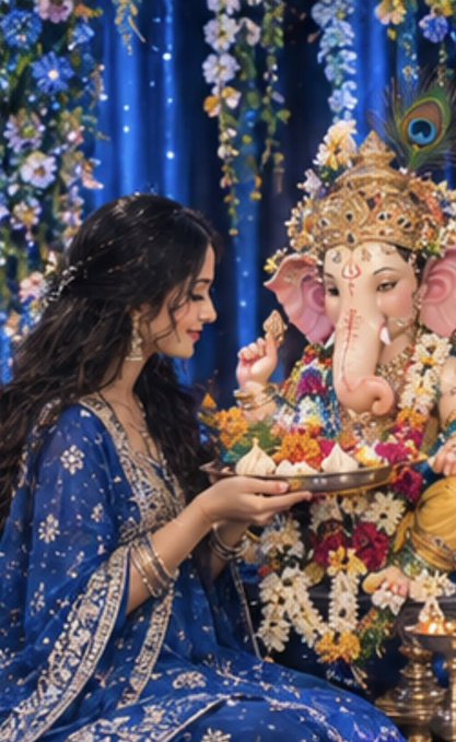 A woman in a blue traditional outfit sits beside an ornately decorated Ganesha idol adorned with marigold garlands, holding a plate of offerings in a festive setting.
