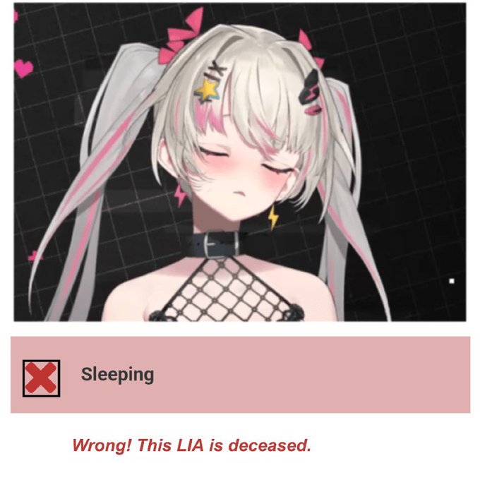 A character creation or status screen features an anime-style girl with white hair, with a selected option 'Sleeping' marked wrong with the message 'Wrong! This LIA is deceased.'
