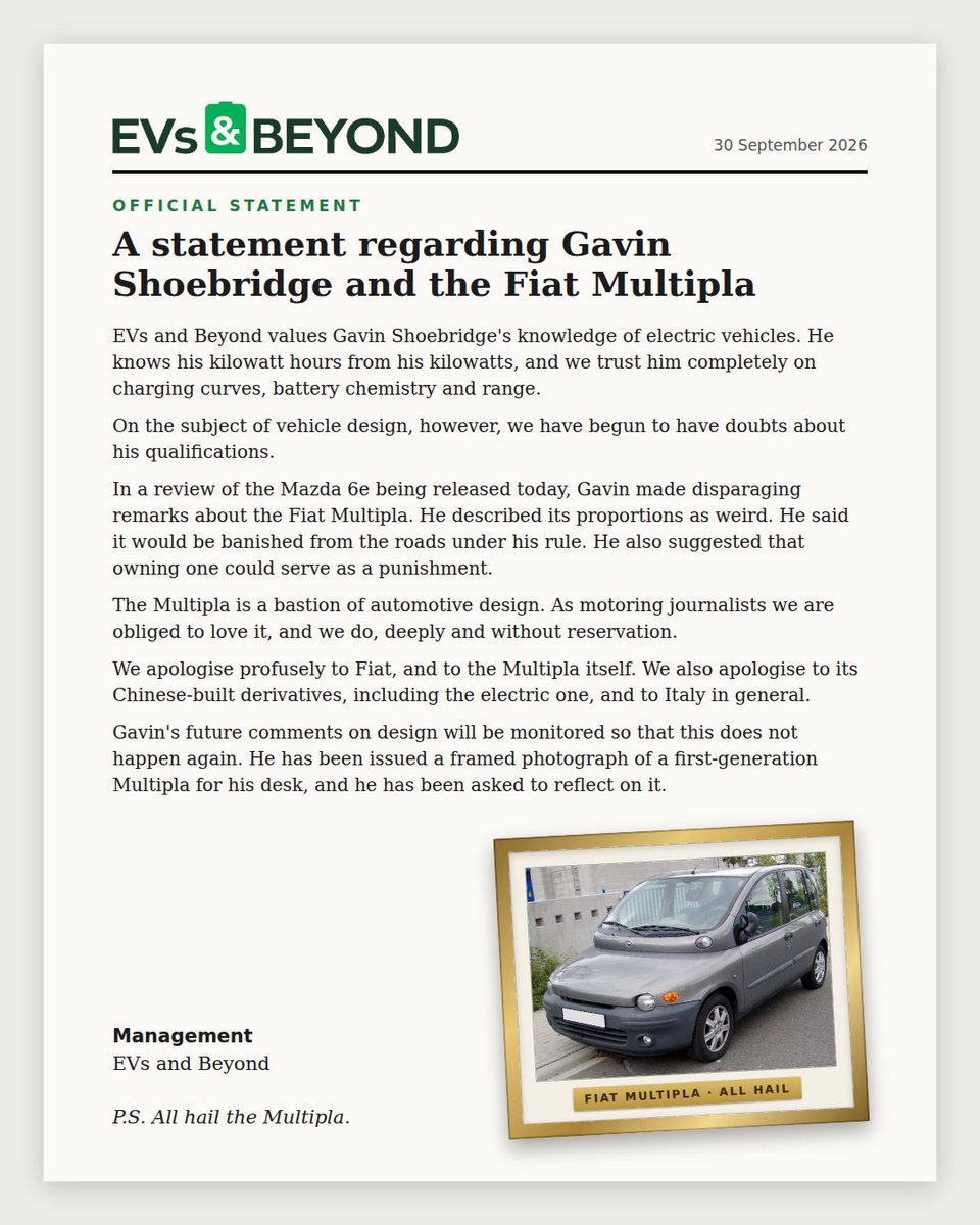 evsandbeyond's tweet photo. An official statement from EVs and Beyond management regarding Gavin from Kiwi EV Adventures (@KiwiEV) and the Fiat Multipla. His Mazda 6e review lands today. Read it at your own risk. All hail the Multipla. https://t.co/tnKm3PHCPj