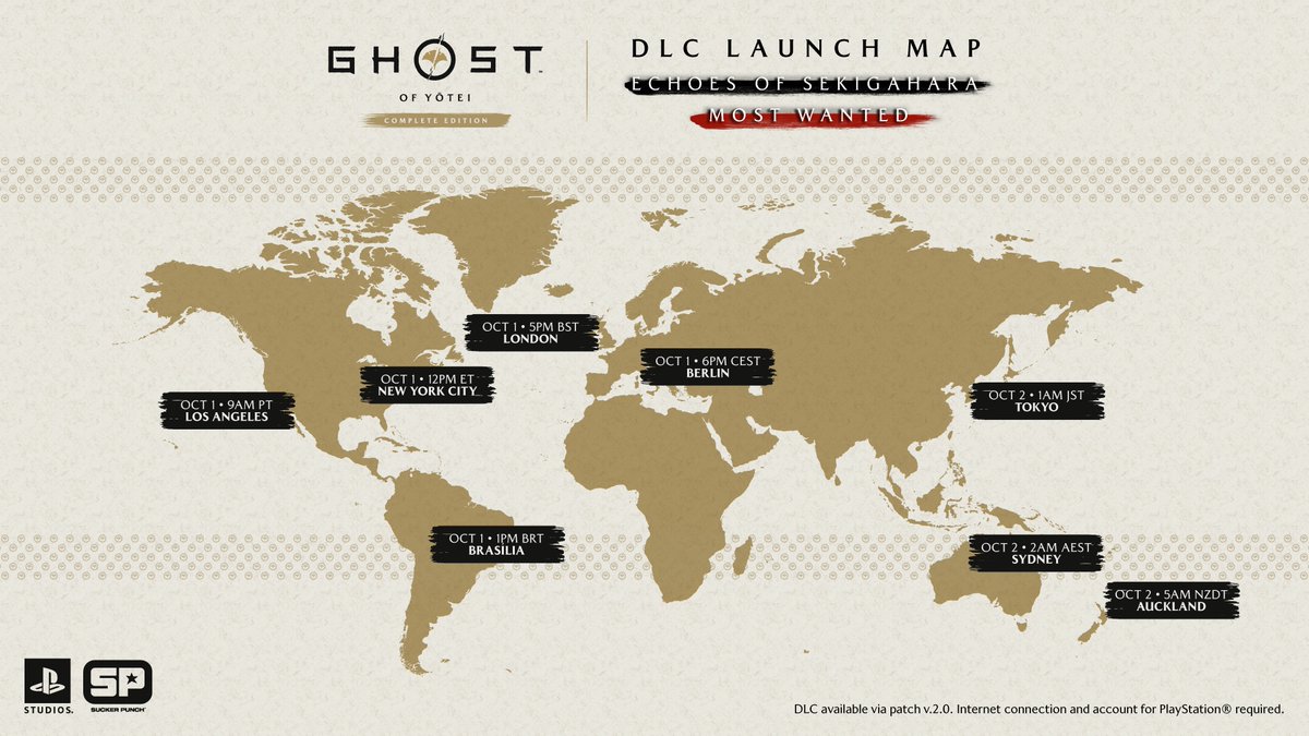 PlayStationAU's tweet photo. Sheath your swords and set your clocks, warriors. Here's when Ghost of Yōtei Complete Edition's DLC launches worldwide this week ⏰ https://t.co/LJtRMpz7J8
