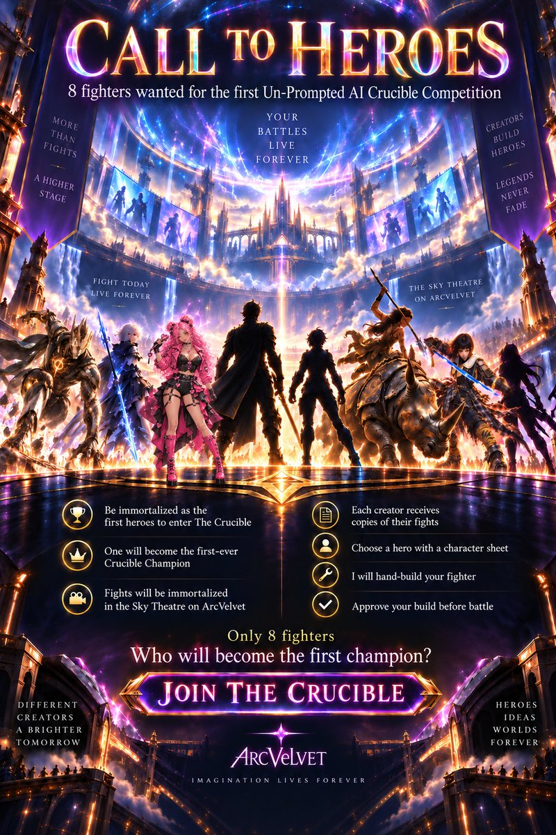 PCasino73066's tweet photo. ONLY 3 FIGHTER SPOTS LEFT.
There will only ever be ONE first Crucible Tournament Champion.
Will it be your hero?
Only 3 spots remain before the first Un-Prompted AI Crucible Competition is full. Build the fighter card yourself or..
Bring me your OC + character sheet. I’ll hand-build the fighter from their abilities, fighting style, and signature moves. You approve the final build before they enter the arena.
Then we fight. 🥊
🏆 1 first-ever Crucible Champion
📺 Every match immortalized in the ArcVelvet Sky Theatre
⚔️ Your OC. Your moves. Your fighter.
I want creators who want to be able to say:
“My character was there at the beginning.”
3 spots. Then the bracket closes.
Reply with your hero + character sheet.
LET’S SPAR. ⚔️
#ArcVelvet #OC #AIHeroBattle #Aiart #Combat