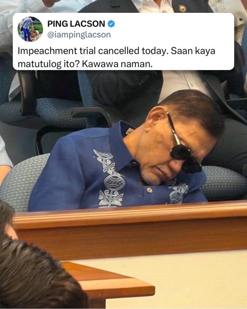 News5PH's tweet photo. SAAN MATUTULOG SI REP. ABANTE?

Humirit si Sen. Ping Lacson kaugnay ng pagtulog ni 6th District Manila Rep. Benny Abante sa gitna ng impeachment trial ni Vice Pres. Sara Duterte.

Dalawang magkasunod na araw nakuhaan si Abante na tila natutulog. 

Kanselado naman ang impeachment trial ngayong Miyerkules, Sept. 30, para mapaghandaan ang tuloy-tuloy at maghapong paglilitis simula bukas, Oct. 1.

WATCH: #VPSaraOnTrial https://t.co/fR01mmSyo8