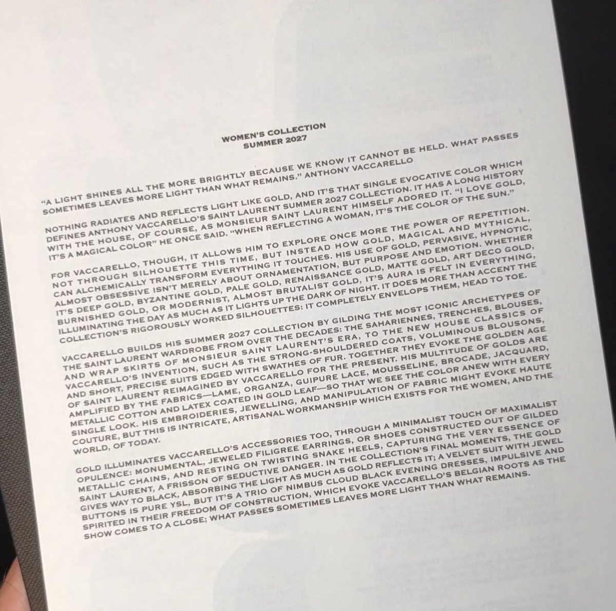 CEWProjects's tweet photo. 26.09.30

Anthony Vaccarello included Cha Eunwoo in the “Thanks To” section of the show notes prepared for guests at Saint Laurent’s Women’s Summer 2027 show during Paris Fashion Week.

The show notes marked the end of Vaccarello’s ten years at Saint Laurent.

Eunwoo attended three of Anthony Vaccarello’s shows during Paris Fashion Week as a Saint Laurent Global Ambassador — in September 2024, March 2025 and June 2025. ✨

🔗https://t.co/jFEM3iM0xs

#CHAEUNWOO #차은우 
@CHAEUNWOO_offcl