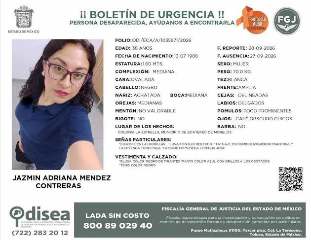 amarilloalarcon's tweet photo. ‼��Siguen cerrada la vialidad de av. Central a la altura de #RioDeLosRemedios 
por la desaparición
de Jazmín Adriana Mendez
Vista x última vez en #Ecatepec el 27/09/2026

Acudió con su ex pareja a cobrarle un adeudo y no ha regresado a casa

Sus 2 hijas están‼️ muy angustiadas https://t.co/T9QfAkw5M4
