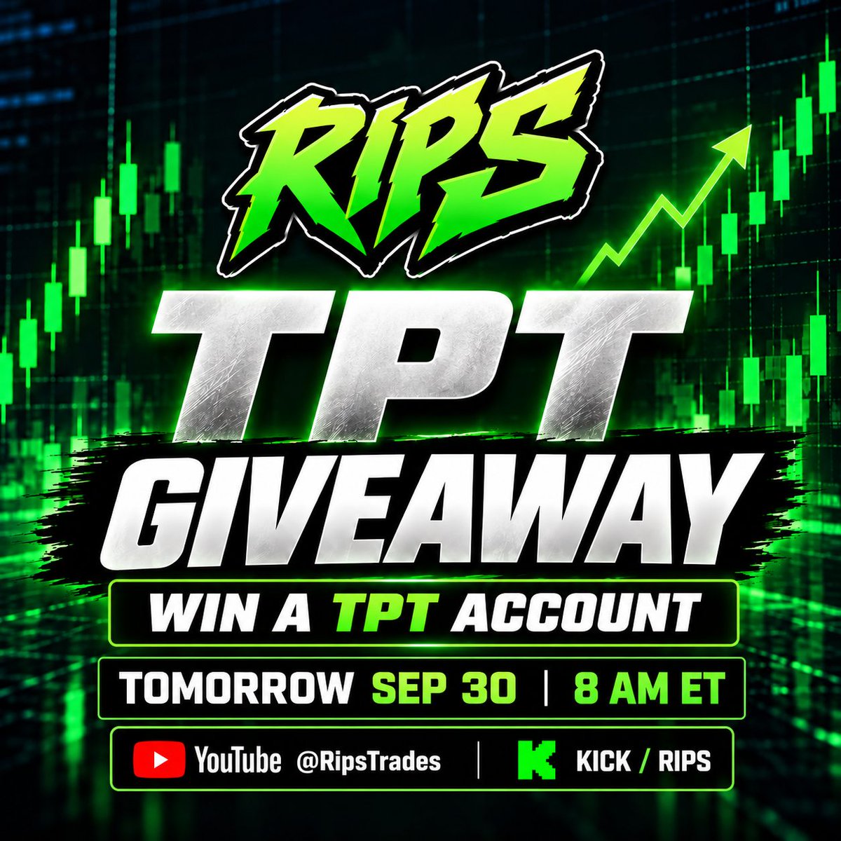 RIPS's tweet photo. 🚨 Just passed 5 TPT accounts. They’re officially FUNDED 🚨

So tomorrow I’m giving one of YOU a TPT account 🎉

I can’t wait to run these accounts up LIVE ON STREAM.

To enter:

❤️ LIKE
🔁 RETWEET
💬 COMMENT why you should win
📺 SHOW UP LIVE September 30th 8AM ET

Watch LIVE on YouTube or Kick 👇
https://t.co/VDImS6Hbuo
https://t.co/XxP05i5PBq

Winner picked LIVE on stream.

Click here 👉 https://t.co/GeireQgiDG
Use CODE 👉 RIPS