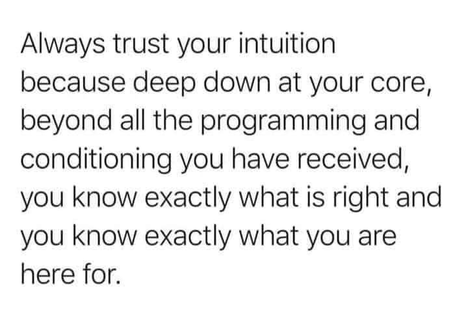 A motivational quote on a white background reading: 'Always trust your intuition because deep down at your core, beyond all the programming and conditioning you have received, you know exactly what is right and you know exactly what you are here for.'