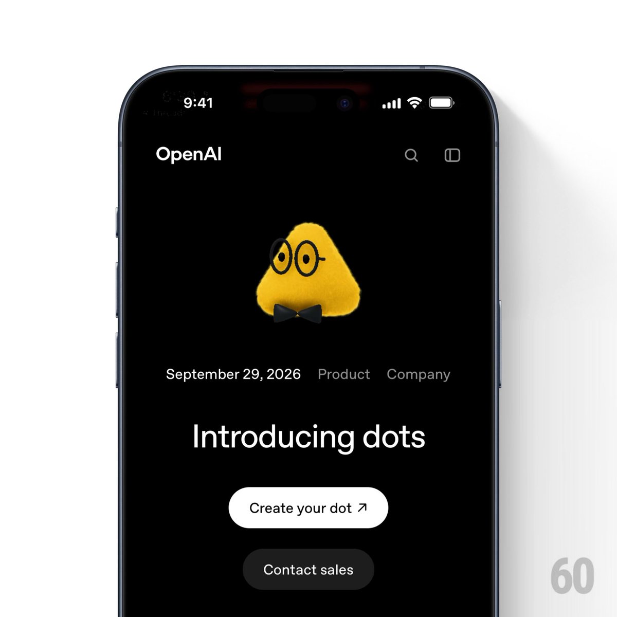 A mockup of an OpenAI announcement page on an iPhone dated September 29, 2026, titled 'Introducing dots' featuring a yellow triangular character with glasses and a bowtie.