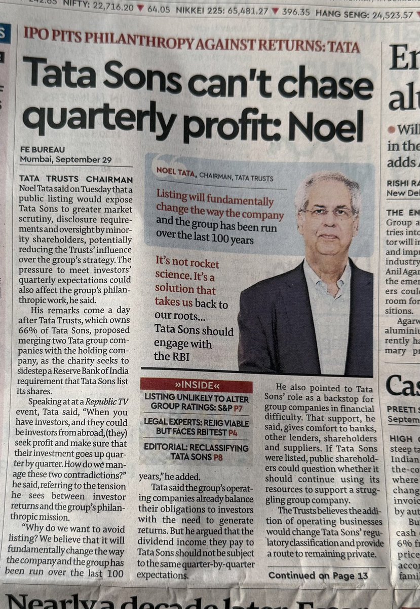 iamrakeshbansal's tweet photo. Tata Sons Can’t Chase Quarterly Profits: Noel Tata
Tata Trusts Chairman Noel Tata says listing Tata Sons would force a quarterly profit chase, extra market scrutiny and minority-shareholder pressure. That would weaken Trusts’ control and clash with the group’s 100-year philanthropic model.
Trusts (66% owners) want to merge two group companies into Tata Sons to stay private and avoid the RBI listing rule. Tata Sons also acts as a financial backstop for group firms — something public investors may question.
https://t.co/yyVlVGZPDl