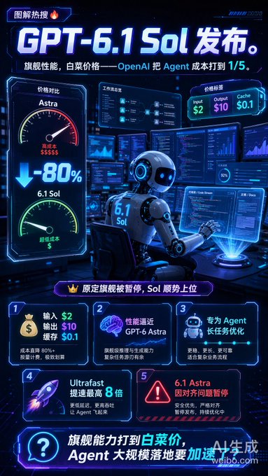 A Chinese promotional infographic for 'GPT-6.1 Sol' showing cost comparisons (Input $2, Output $10, Cache $0.1), an 80% cost reduction chart, and five feature highlights, featuring an AI robot working at a computer.