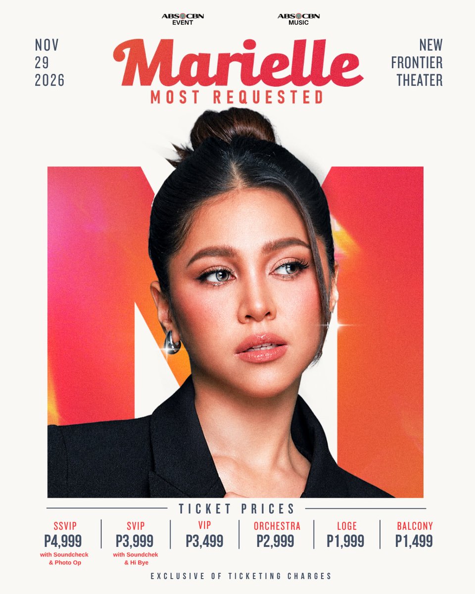 ABSCBNpr's tweet photo. Join The Pop Pristine Marielle Montellano this coming November as she performs your most requested power vocal hits LIVE

MARIELLE: Most Requested
🗓️ November 29, 2026
📍 New Frontier Theater

Tickets available at 2PM via TicketNet! 🎟️

#MarielleMontellano #StarMusicPH https://t.co/snmAFwNBLY