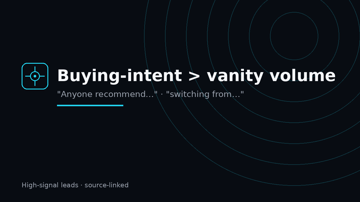 jason9367's tweet photo. Mention count is vanity.

Buying-intent is the signal: "looking for an alternative to…", "Anyone recommend a tool for…", "switching from…".

ChatterBeam filters for those across X/Reddit/YouTube/LinkedIn Pages — source-linked.

https://t.co/LOn5pgNIt2 https://t.co/UJvVo2MMeY