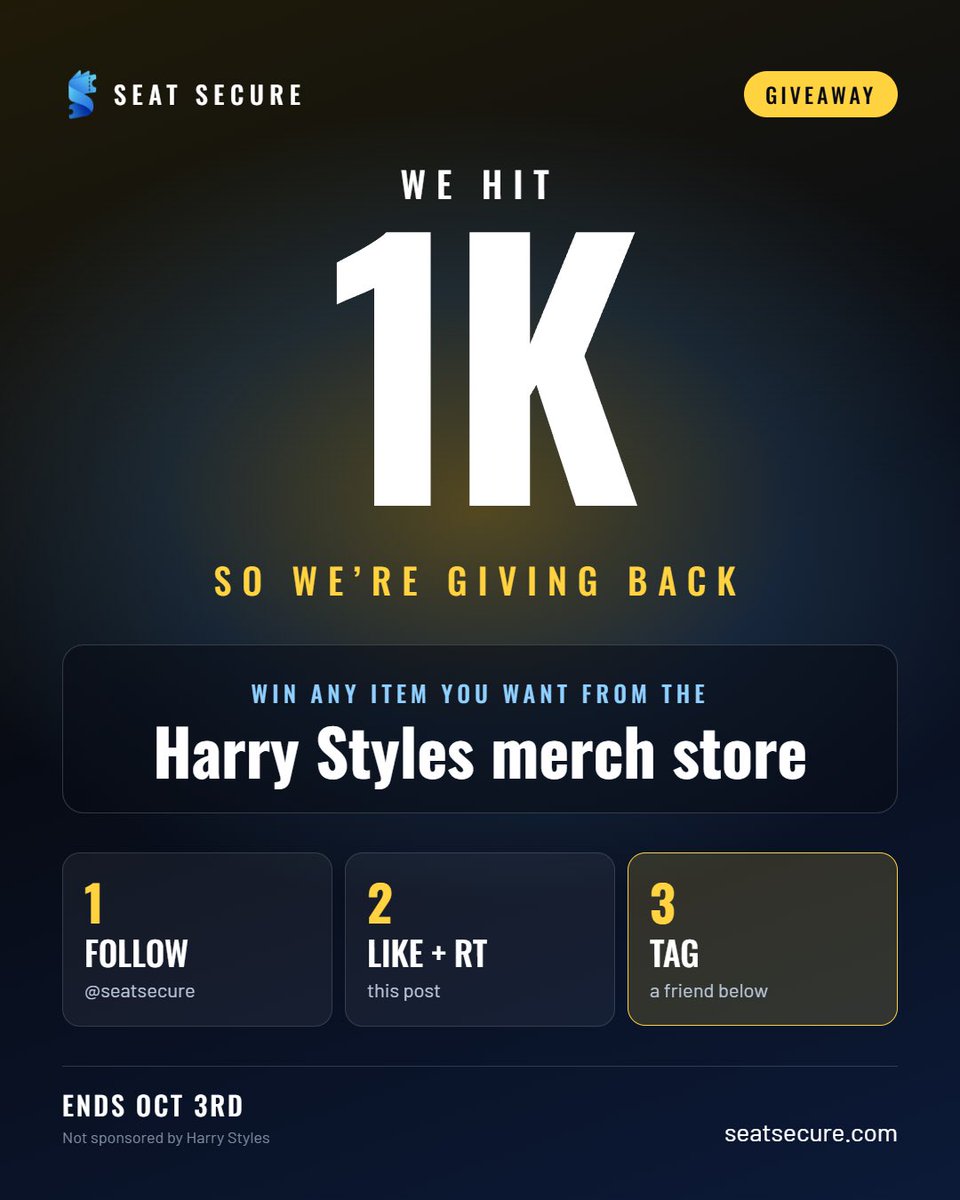 SeatSecure's tweet photo. WE HIT 1K FOLLOWERS! 🎉

To celebrate, one of you will win ANY item from the Harry Styles merch store or MSG store!

Steps to enter:
Follow @seatsecure
Check out https://t.co/9CbU8XrJyp
Like and RT this tweet
Tag a friend below 👇
Giveaway ends on Saturday! https://t.co/NbeTdUWiL5