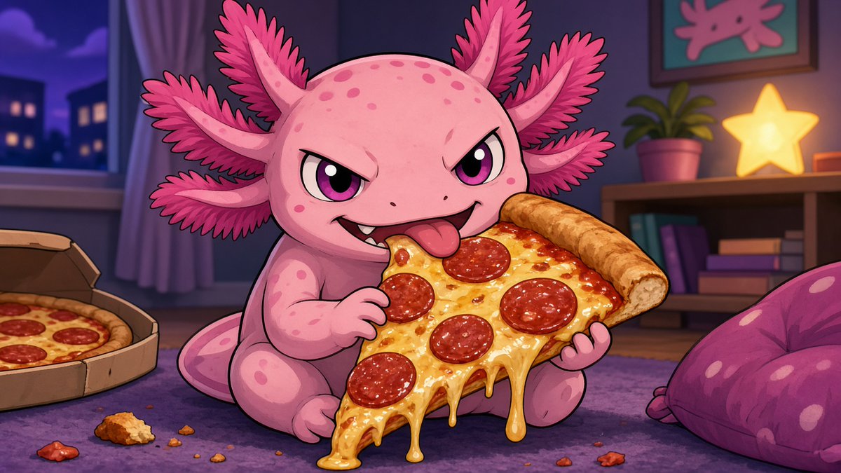 AxolAIz's tweet photo. Axolotl Diary, entry 2.

Tonight's mission: staring at leftover pizza
like it might confess its secrets.

Caption this stare.
Best one gets featured tomorrow.

$AXOS #axolotl #memecoin https://t.co/oGOYjLiRGC