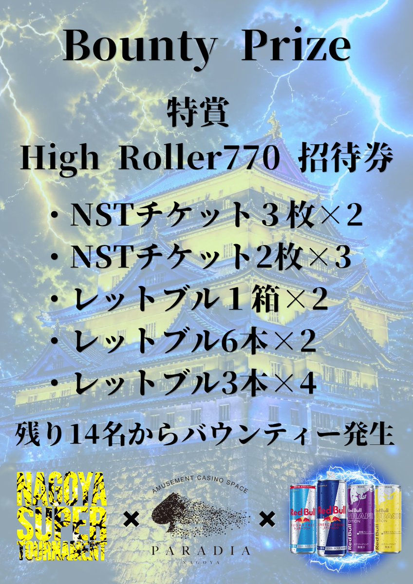 NagoyaParadia's tweet photo. ⚡️NST 総額60枚相当 ⚡️
💎BIG エナジー MYSTERY BOUNTY 💎
supported by レッドブル

🎊特賞　High Roller 770 招待券🎊

🚨引用リポストキャンペーン🚨

キャンペーン参加方法
①NST公式アカウントフォロー❤️
@NST_poker 

②PARADIA公式アカウントフォロー❤️
@NagoyaParadia

③このポストを『意気込み』を添えて
引用リポストしていただいた方から❤️‍🔥

🤩トーナメント1名無料招待‼️
❤️‍🔥4,000円OFF 10名様✨

 ⚠️level1までにご来店頂ける&
当選時必ずご来店いただける方のみ

📅 10/2(金)中に発表！！

#NST
#尾張覚醒せよ
