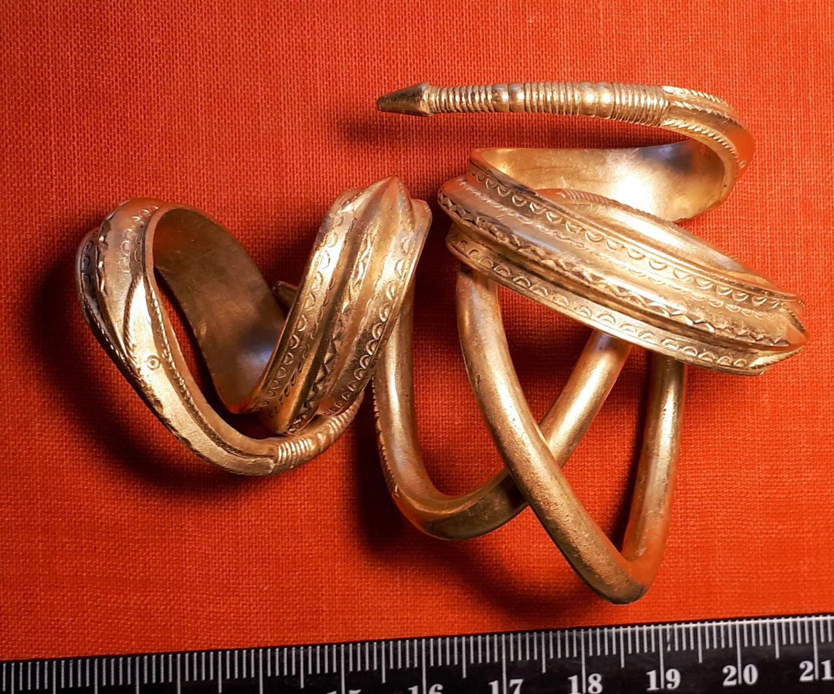 Sagnamadr's tweet photo. A Germanic Iron Age gold finger ring and arm with Odinic double wolf head motifs, from Näsby, Sweden, and Saaremaa, Estonia, 3-5th Century. 𐘾 https://t.co/E9eNc3LvBj