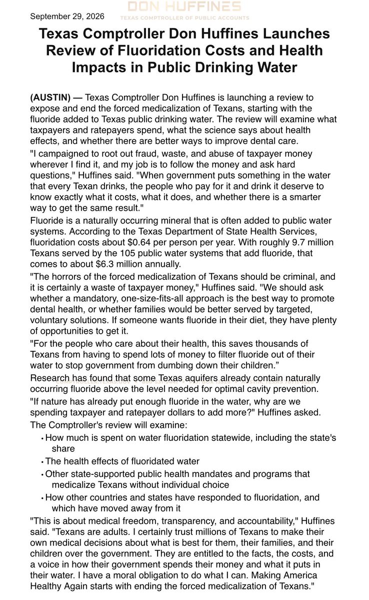 I trust millions of Texans, not the government, to make their own medical decisions for their families. They deserve the facts, the costs, and a say in what goes in their water. Making America Healthy Again starts with ending the forced medicalization of Texans.