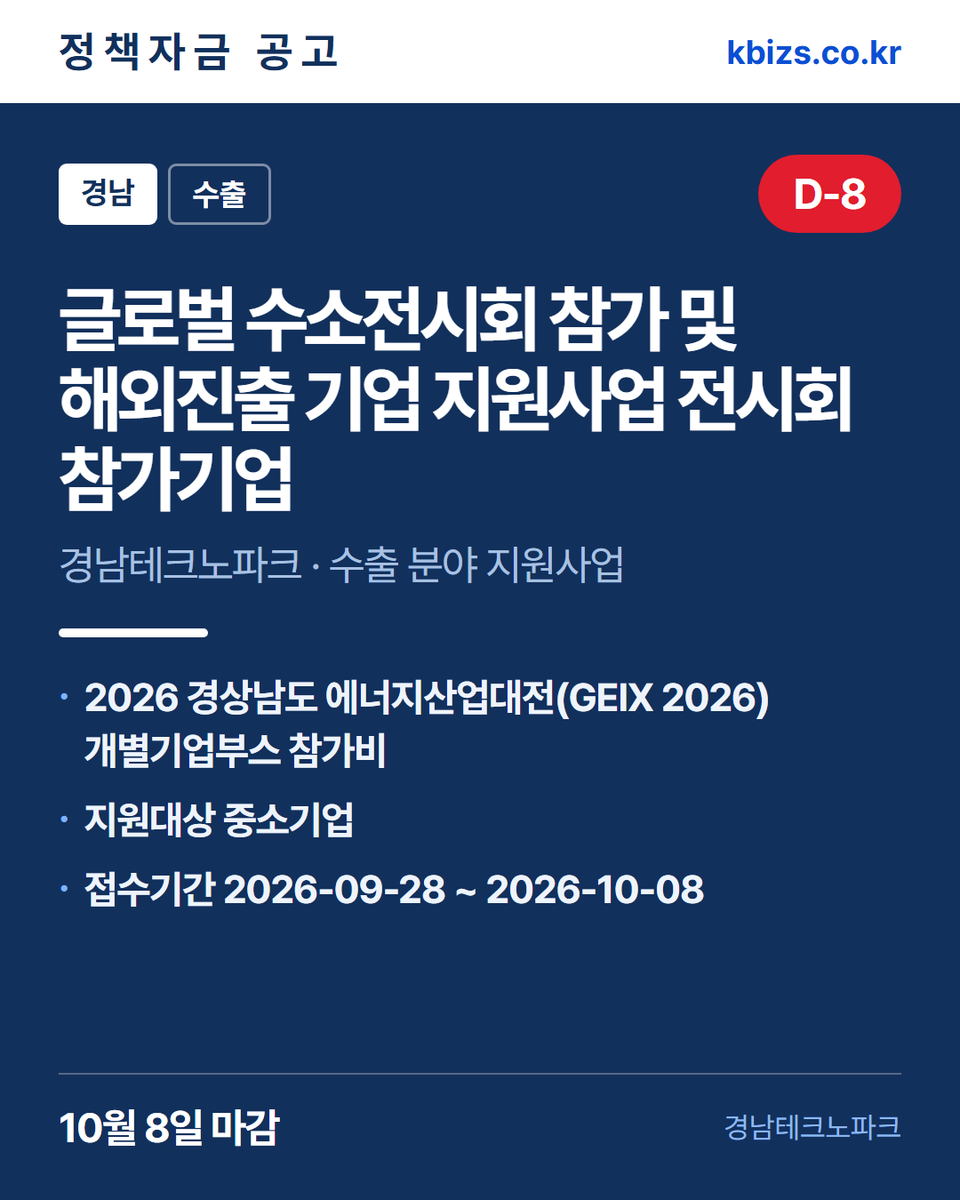 thekbizs's tweet photo. 오늘의 정책자금 공고 5건 · 수출·판로

① [전국] 2026년 하반기 이집트 전력기자… — 10월 7일 마감
② [전국] 싱가포르 현지 진출 지원 국내 블… — 10월 8일 마감
③ [경남] 2026년 2차 글로벌 수소전시회… — 10월 8일 마감

#중소기업정책자금융자 #중소기업정책자금센터 #수출 https://t.co/VTcm5ONXwP