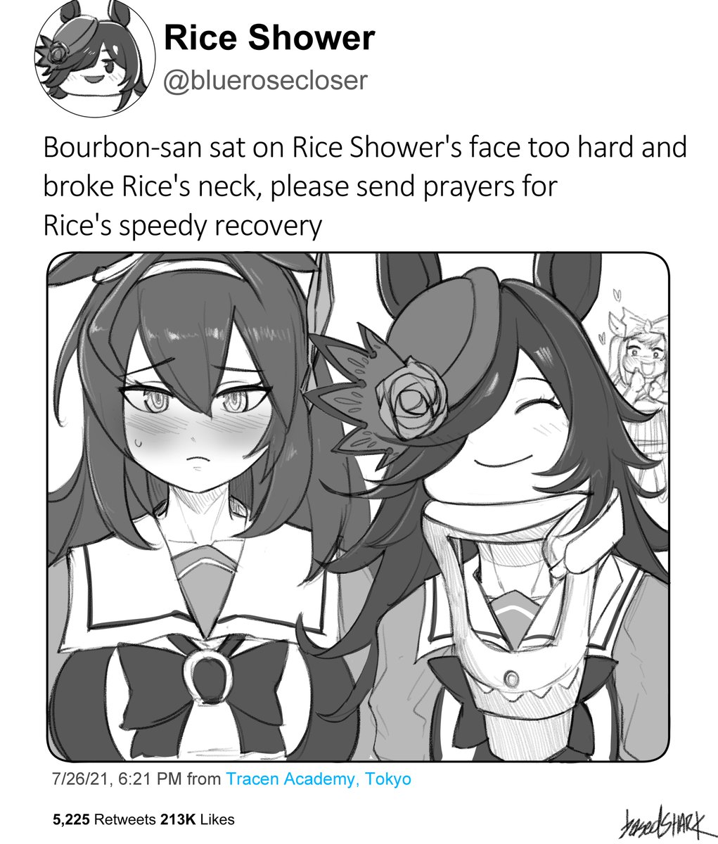basedSHARKart's tweet photo. Bourbon and Rice shower tweet 
(CM) ((Not Champions Meet))
#umamusume #ウマ娘 https://t.co/wkC9VWgukg
