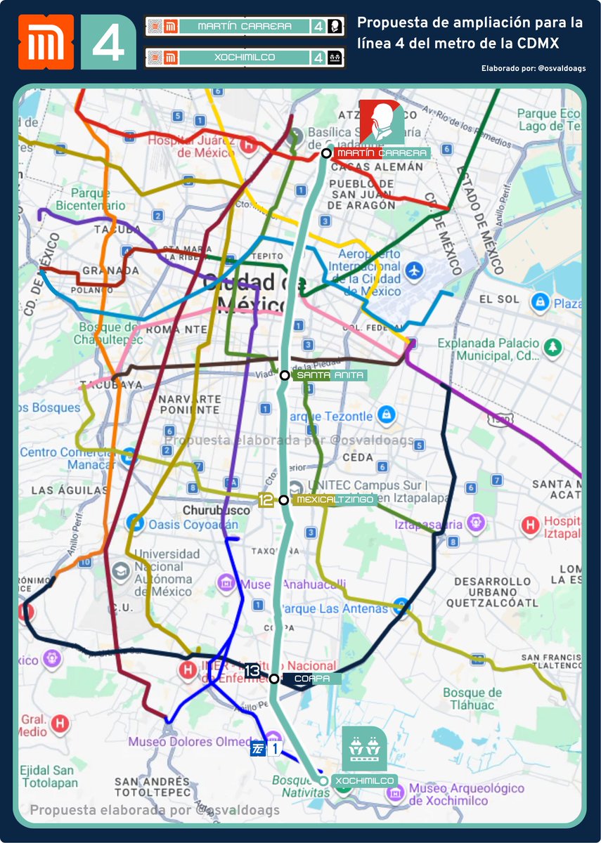 osvaldoags's tweet photo. La línea 4 del metro es la más corta y la de menor afluencia de la red debido a que es una línea incompleta. 
Por lo mismo, ha tenido muchas propuestas de ampliación en varias direcciones. Para mí, la ampliación definitiva debe ser hacia el sur a Xochimilco.
Abro mini hilo 🧵: https://t.co/gkO7fZ6RFR