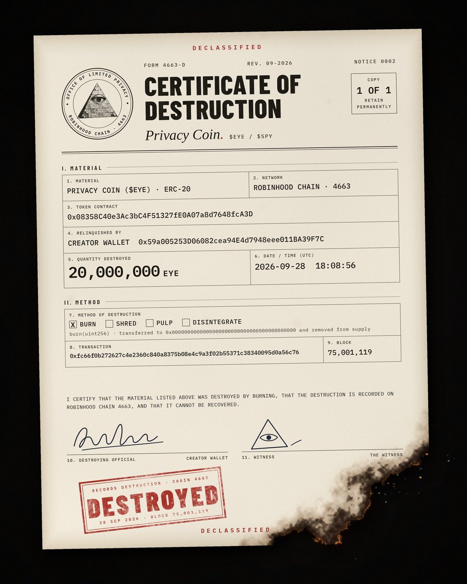PrivacyRH's tweet photo. @RobinAlphas $EYE / $SPY. every trade pays 555 NFT eyes and every holder in S&amp;P 500 shares, airdropped daily.

the dev burned 20M of his own bag on camera and lights the incinerator again tonight.

nobody on 4663 is building like this. https://t.co/JqG1nOdGtl