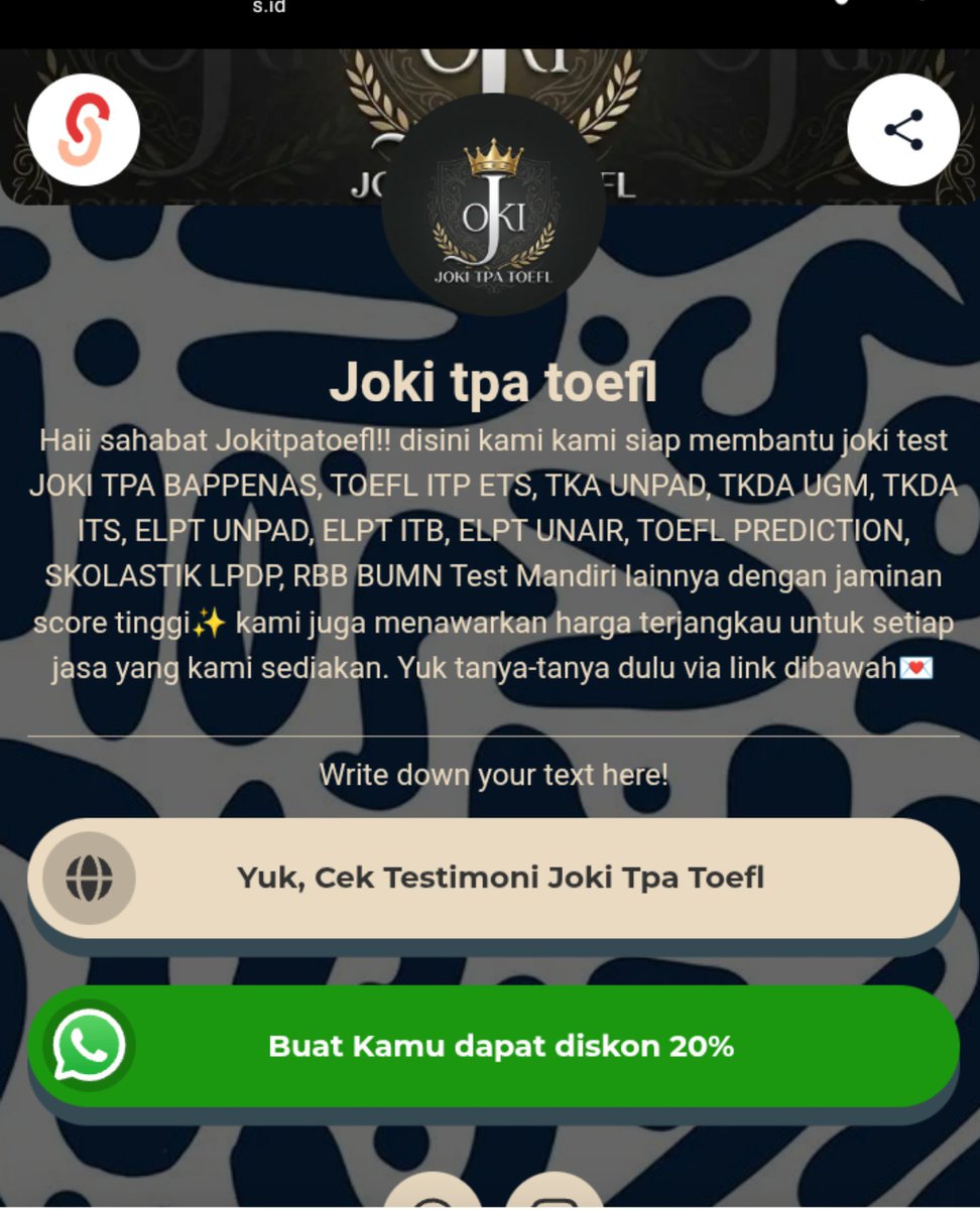 nayeonas's tweet photo. kami open joki tpa bappenas, toefl itp / prediction, skolastik LPDP, psikotes tes kerja, eltp tpka tkda tka tkbi ukbi, seu undip, simak ui, tkd tbi fhci bumn, bi bank pln, pertamina, ujian mandiri dll

🤗 yuk klik link bio kami lalu klik logo WA untuk diskon kak 🤗

#zonauang https://t.co/81dohplka0