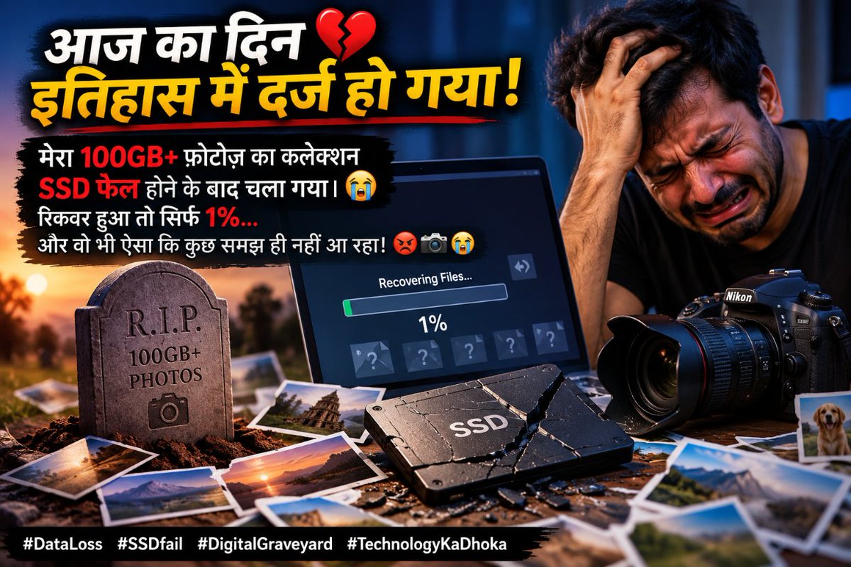 rajtalksalways's tweet photo. आज का दिन इतिहास में दर्ज हो गया! 💔
मेरा 100GB+ फ़ोटोज़ का कलेक्शन SSD फेल होने के बाद चला गया। 😭 रिकवर हुआ तो सिर्फ 1%... और वो भी ऐसा कि कुछ समझ ही नहीं आ रहा! 😡📸 😭
#DataLoss #SSDfail #DigitalGraveyard #TechnologyKaDhoka https://t.co/cjYgmp6qxn