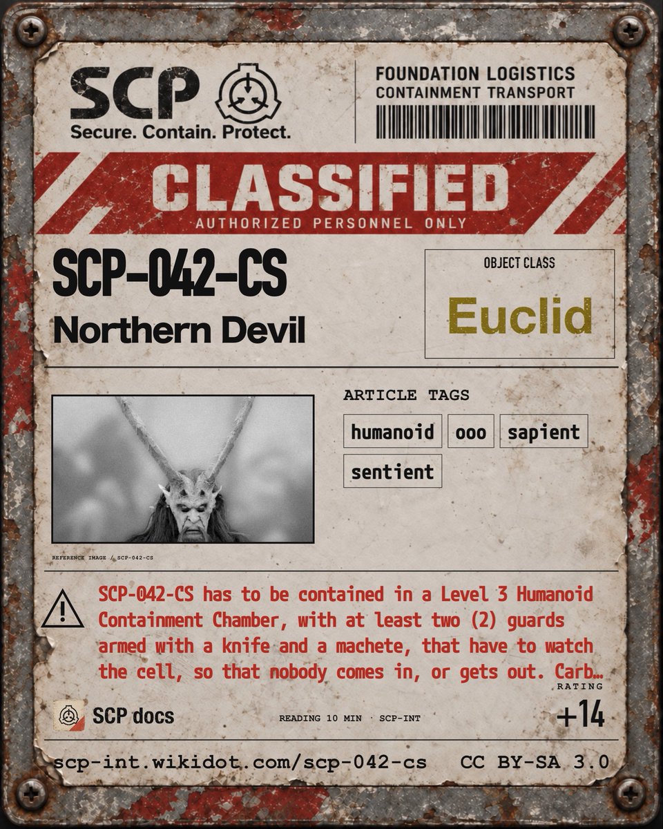 SCPdocs's tweet photo. SCP Spotlight

SCP-042-CS "Northern Devil"
https://t.co/DeEoAcAj6F

⚠️ SCP-042-CS has to be contained in a Level 3 Humanoid Containment Chamber, with at leas…

Original score (CS): +14
Read: 10 min
🌐 EN · ES · CN · DE · PT · CS
Tags: humanoid

#SCP #SCPdocs #SCPRecommendation https://t.co/PmGbk2b0VP