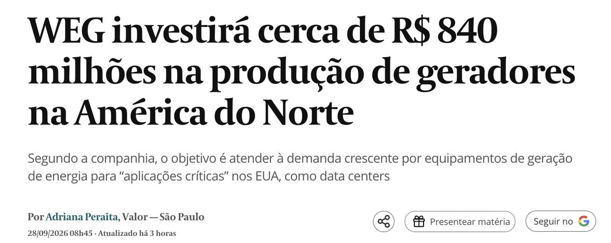 SouNyko's tweet photo. A WEG está colocando US$165 milhões em uma expansão pesada na América do Norte.

E tem um detalhe que a empresa pretende quadruplicar sua capacidade de produção de geradores na região.

As principais movimentações será no México:
→ US$24 milhões em uma nova unidade em Atotonilco de Tula
→ Montagem prevista para começar no 2º trimestre de 2027
→ Outros US$141 milhões serão destinados a duas fábricas na América do Norte
→ Expansão completa prevista para 2030

E isso acontece justamente em um momento em que a demanda por equipamentos de geração de energia cresce com a expansão de data centers e infraestrutura de IA.

A WEG já possui operações industriais em diversos países e, em 2025, 59% da sua receita veio de vendas fora do Brasil. A WEG está construindo uma operação global.
