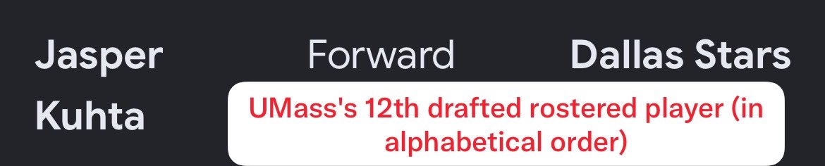 ohara_cait13546's tweet photo. @UMassHockey set a program record w/ 12 NHL draft picks- the most NHL talent carried on a single 26-27’ roster. 

Elite players cont. to seek development under HC, Greg Carvel. Carvel has established an NCAA-to-NHL pipeline, respected by orgs, where players leave UMass physically & mentally equipped to handle high demands & adjustments in the NHL.

See below for current NHL-drafted players on roster (player, position, NHL team) : 👇