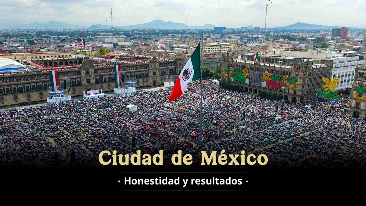 An aerial view of a massive crowd gathered in a city square, identified by text as 'Ciudad de México' with the slogan 'Honestidad y resultados'.