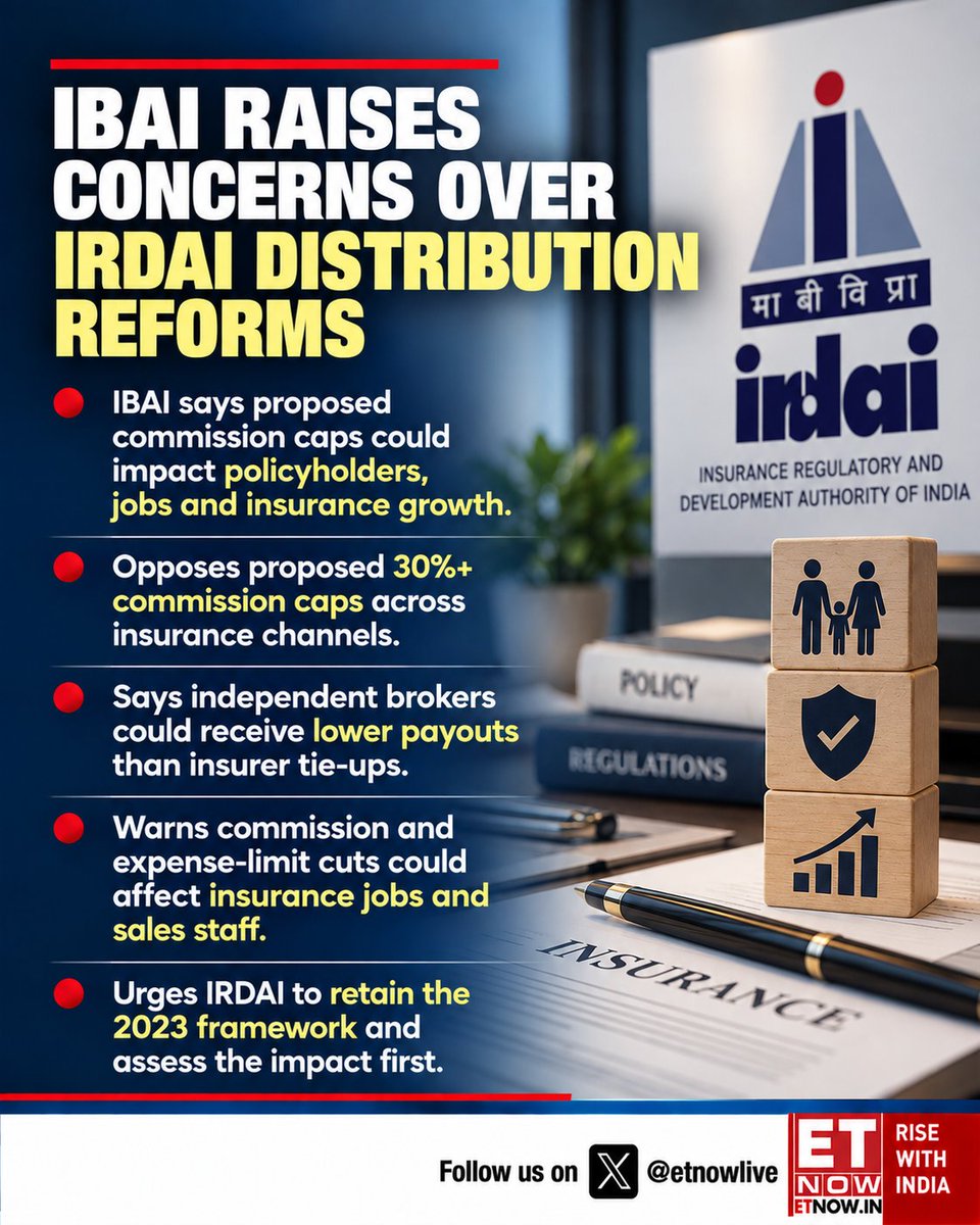 ETNOWlive's tweet photo. #IBAI flags concerns over proposed #IRDAI distribution reforms, warning that commission and expense-limit changes could impact #insurance jobs, distribution and growth https://t.co/P7G8sAo7lO