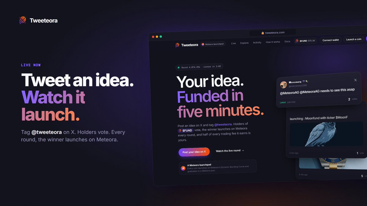 Tweeteora's tweet photo. @MeteoraAG 

Anyone can launch on meteora and get a fully funded project, just by tweeting their idea to @Tweeteora https://t.co/7V2VGiXEf5