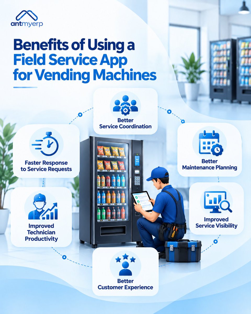 AntmyErp's tweet photo. Vending machine service needs more than manual tracking.
See how a Field Service App can simplify technician jobs, maintenance, service requests, and machine history.
#FieldServiceApp #VendingMachine #FieldServiceManagement #VendingMachineServicing https://t.co/GvqWN720J1